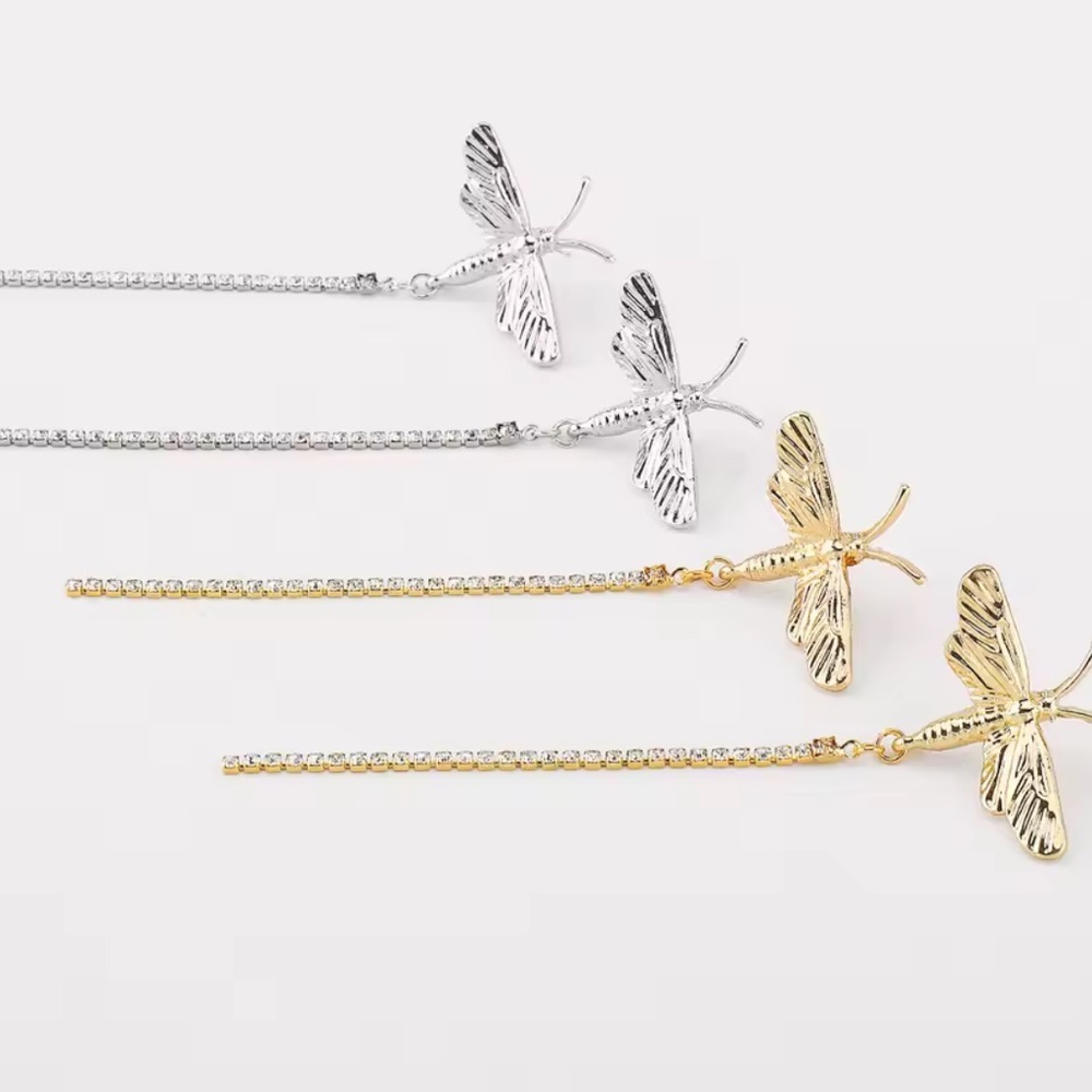 Zara Vintage Metal Dragonfly Rhinestone Tassel Dangling Earrings - Picture 4 of 6